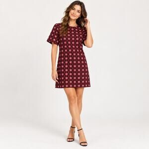 LOFT Red Black Floral A-Line Shift Dress Short Sleeve Size Medium